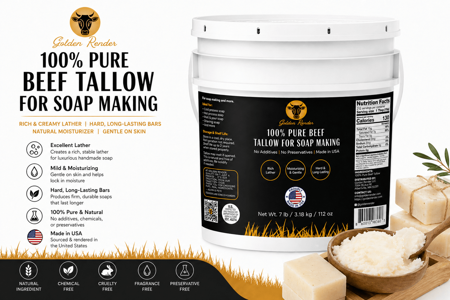 100% Pure Beef Tallow for Soap Making - Golden Render