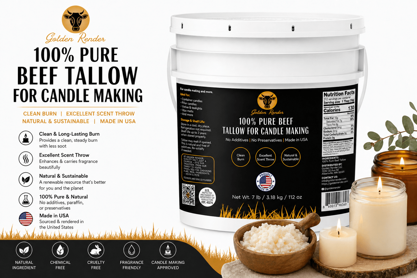 100% Pure Beef Tallow for Candle Making - Golden Render