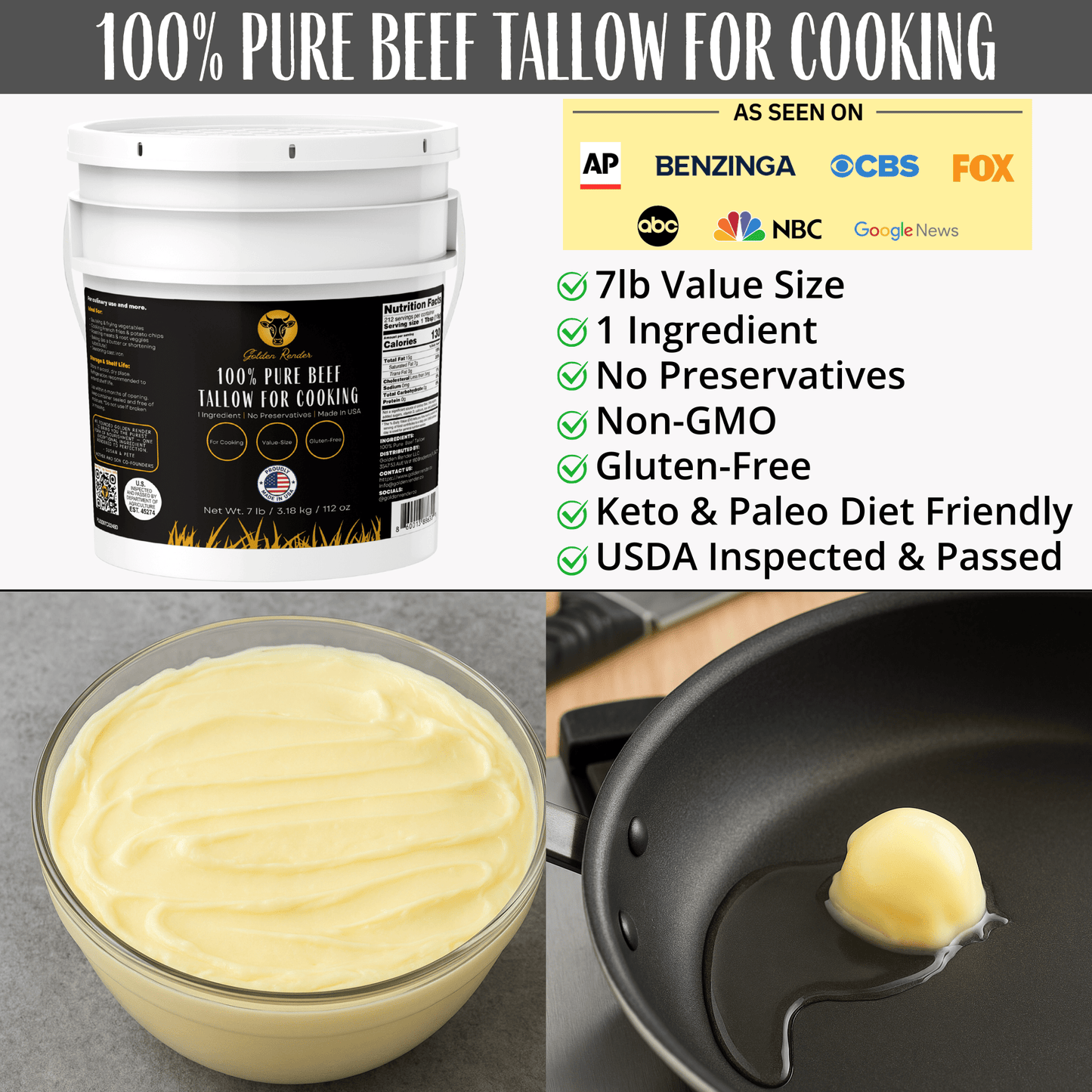 100% Pure Beef Tallow for Cooking & Deep Frying - 7lb Bulk Size - Food Grade Non - GMO - Golden Render