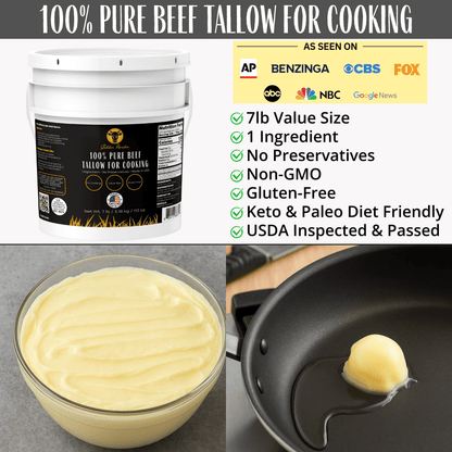 100% Pure Beef Tallow for Cooking & Deep Frying - 7lb Bulk Size - Food Grade Non - GMO - Golden Render