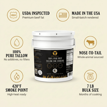 100% Pure Beef Tallow for Cooking & Deep Frying - 7lb Bulk Size - Food Grade Non - GMO - Golden Render