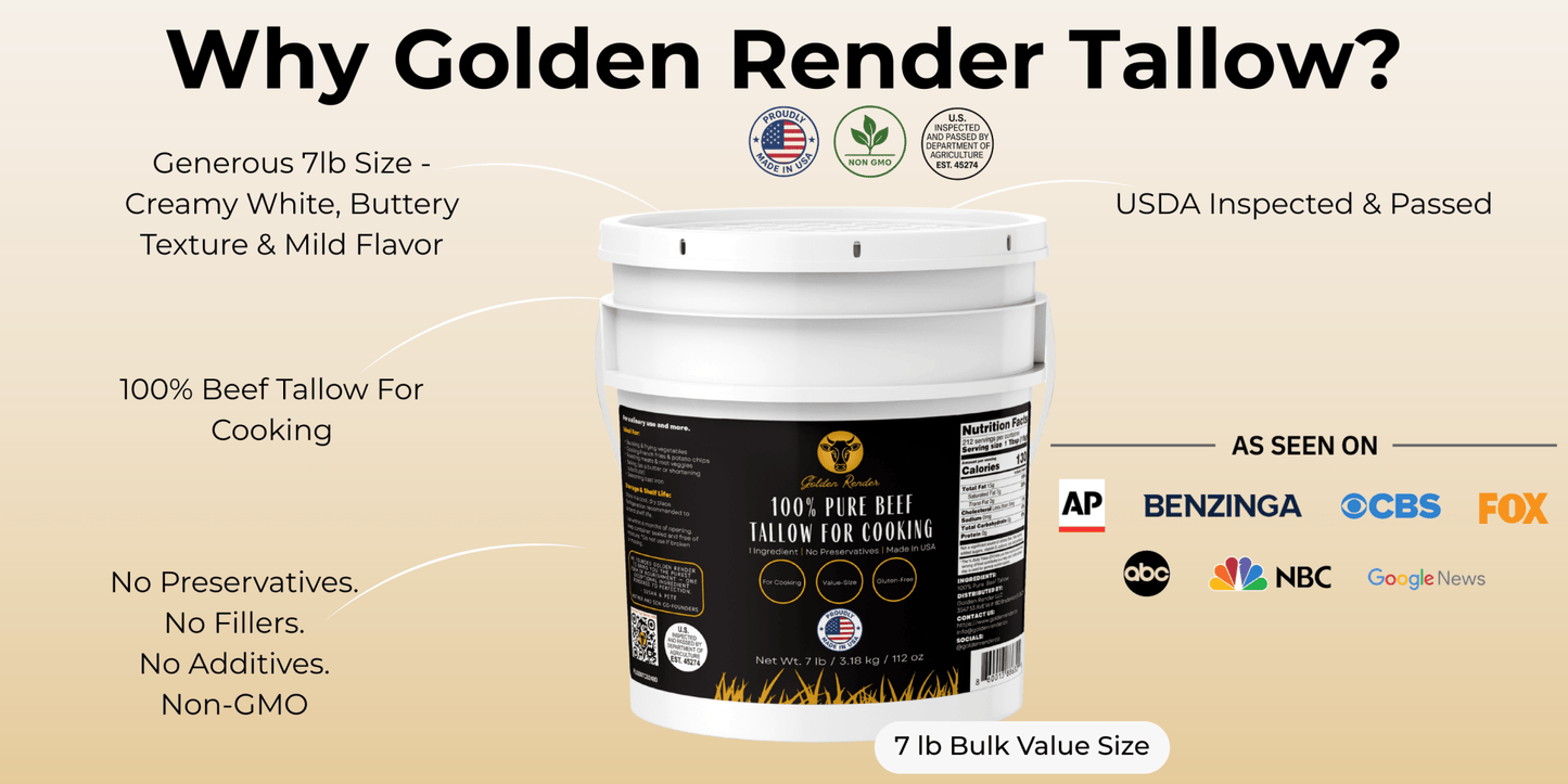 100% Pure Beef Tallow for Cooking & Deep Frying - 7lb Bulk Size - Food Grade Non - GMO - Golden Render