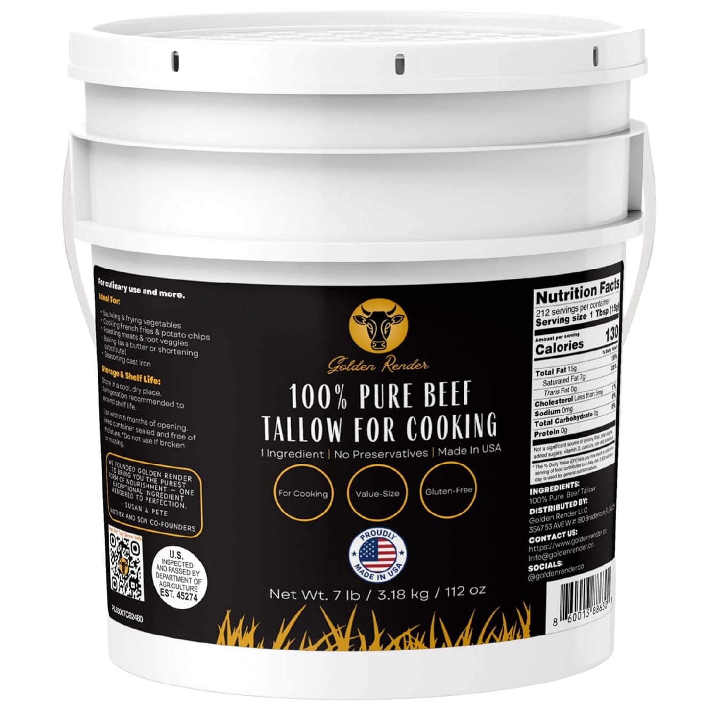 100% Pure Beef Tallow for Cooking & Deep Frying - 7lb Bulk Size - Food Grade Non - GMO - Golden Render