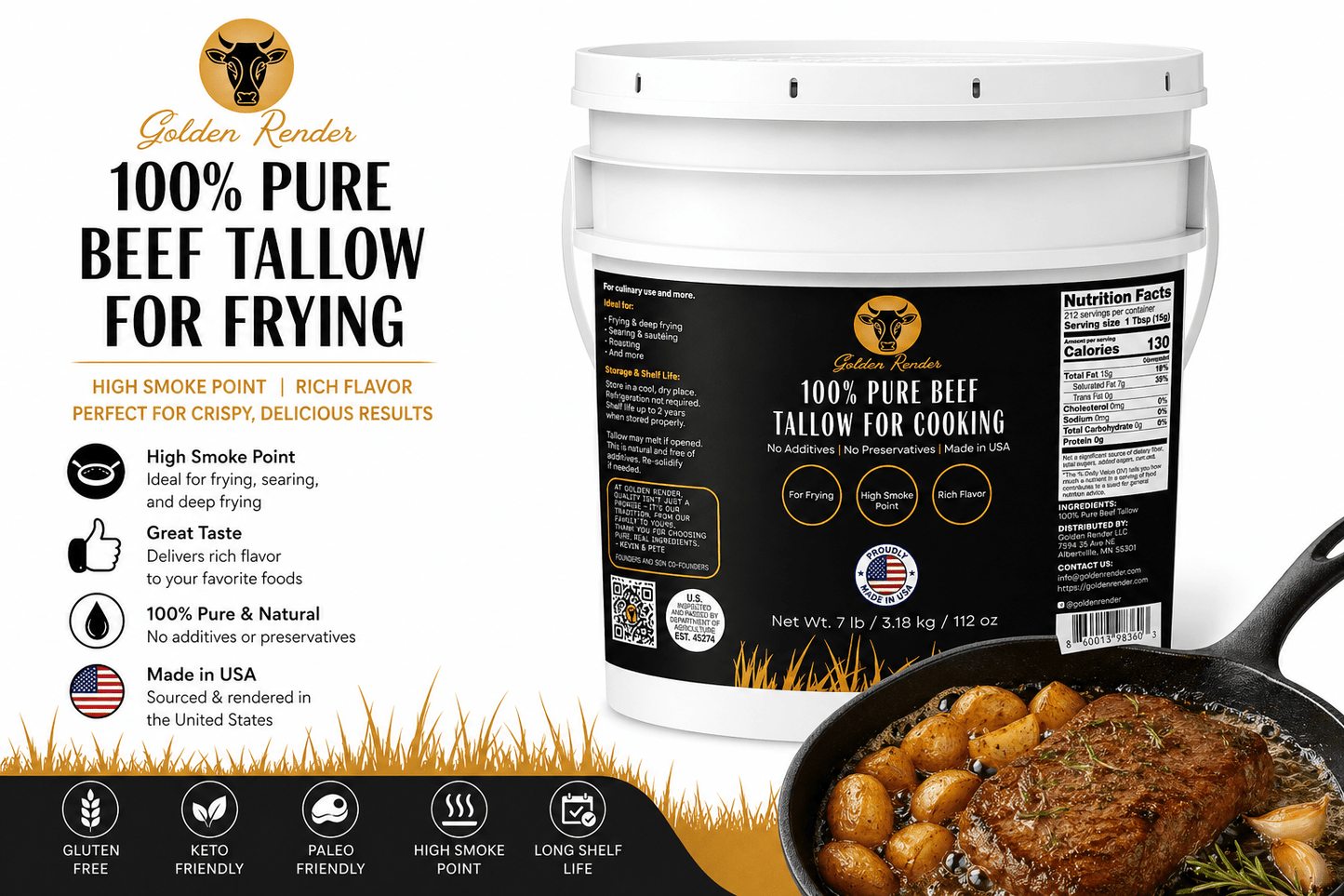 100% Pure Beef Tallow for Frying — The Original High - Heat Cooking Fat - Golden Render