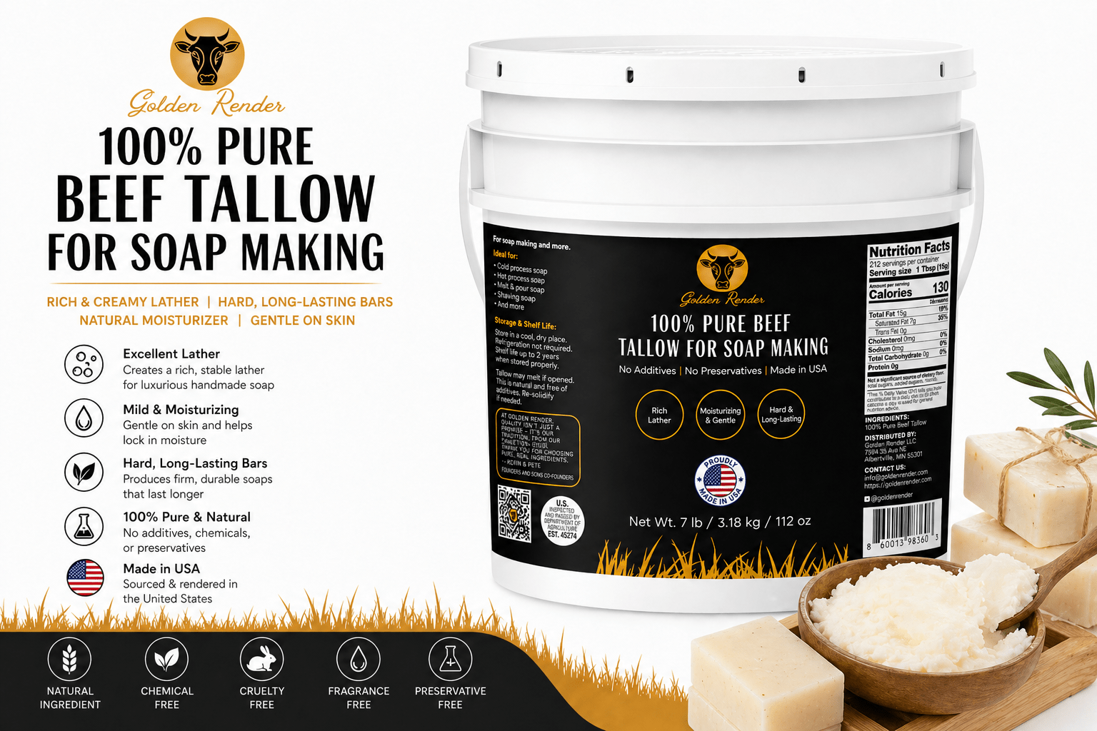 100% Pure Beef Tallow for Soap Making - Golden Render